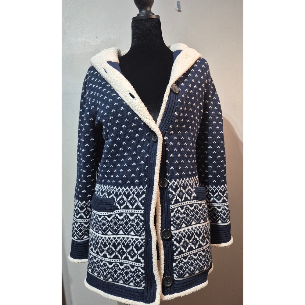 LL Bean Womens Navy Fair Isle Sherpa Lined Hooded Cardigan Sweater Small 292771